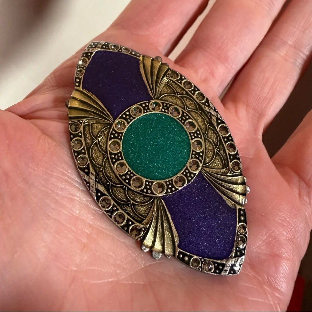 Catherine Popesco France Art deco brass purple green enameled Brooch